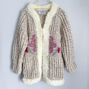 Vintage 70s Answers by riddles knit floral shaggy trim crochet cardigan jacket